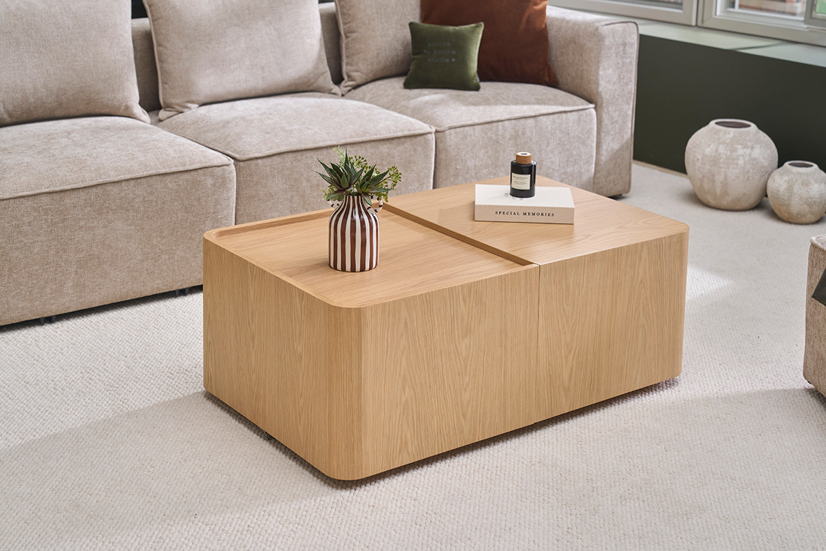 Table basse rectangulaire en bois clair ch�ne avec rangement L100 cm BELLY