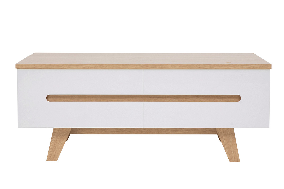 Table basse relevable blanche laqu�e brillante et finition bois clair L100 cm MELKA