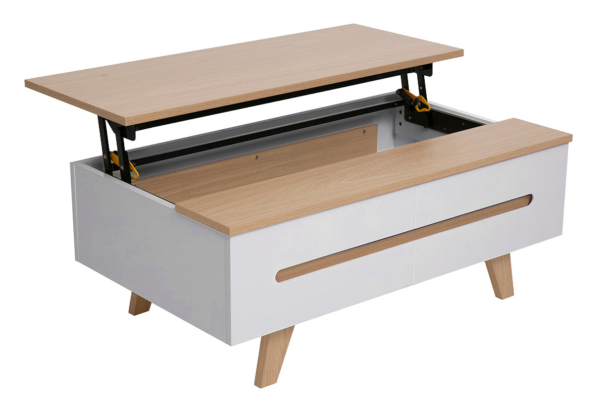 Table basse relevable blanche laqu�e brillante et finition bois clair L100 cm MELKA