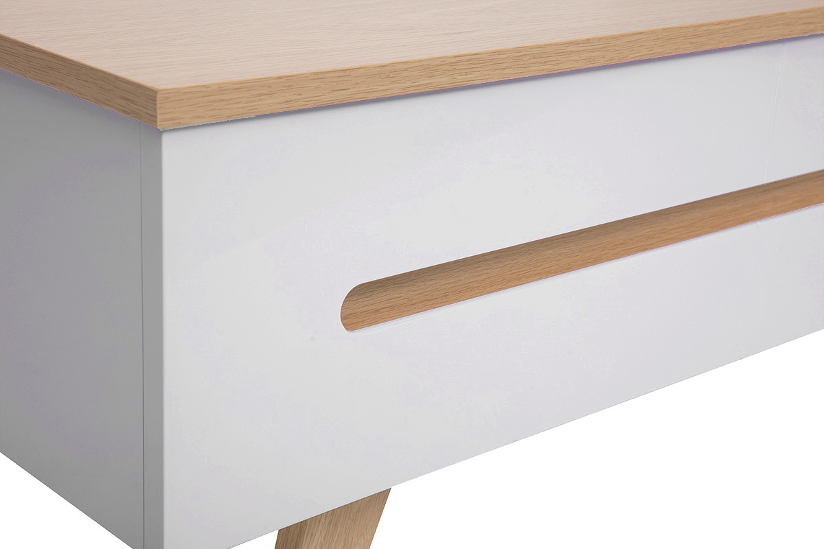 Table basse relevable blanche laqu�e brillante et finition bois clair L100 cm MELKA
