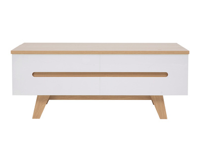 Table basse relevable blanche laqu&eacute;e brillante et finition bois clair L100 cm MELKA