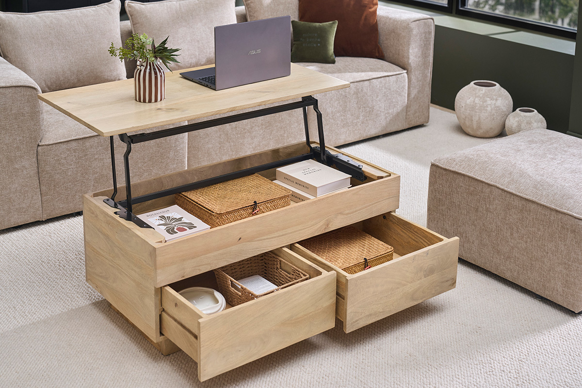 Table basse relevable rectangulaire bois clair manguier massif L102 cm NEXO