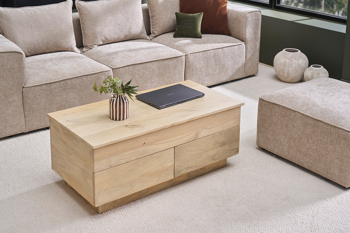 Table basse relevable rectangulaire bois clair manguier massif L102 cm NEXO