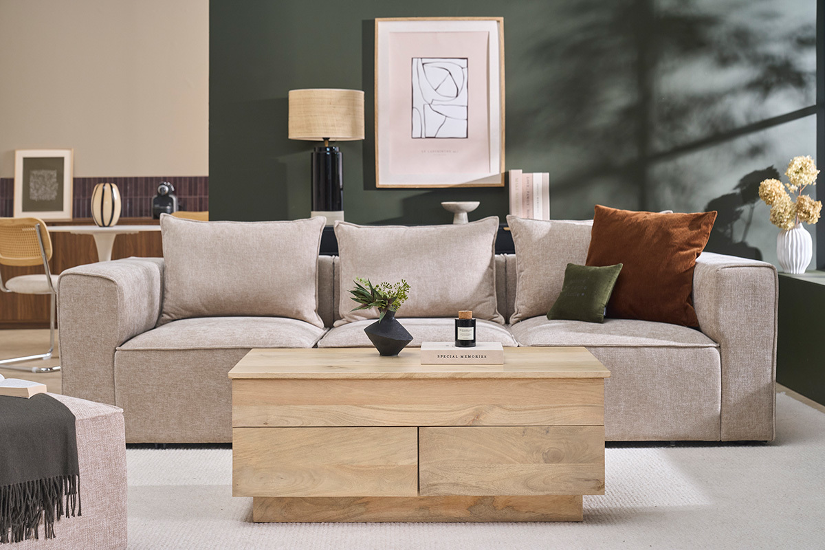Table basse relevable rectangulaire bois clair manguier massif L102 cm NEXO
