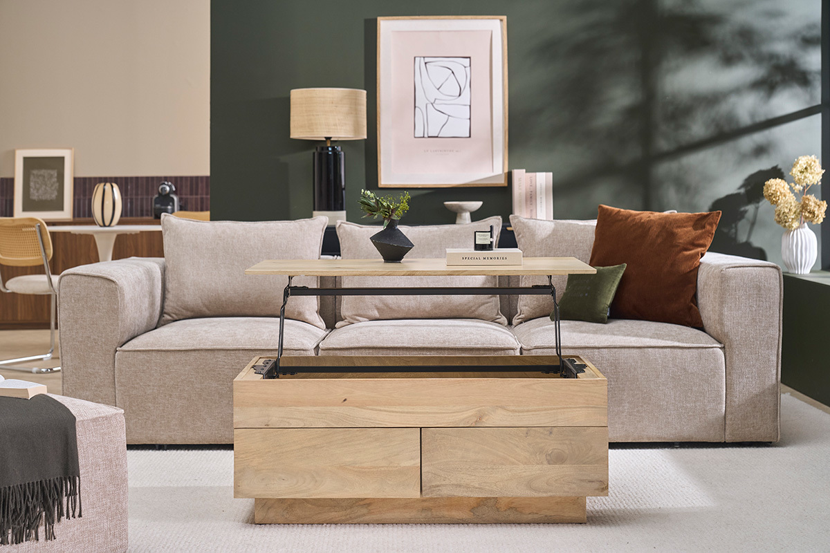 Table basse relevable rectangulaire bois clair manguier massif L102 cm NEXO