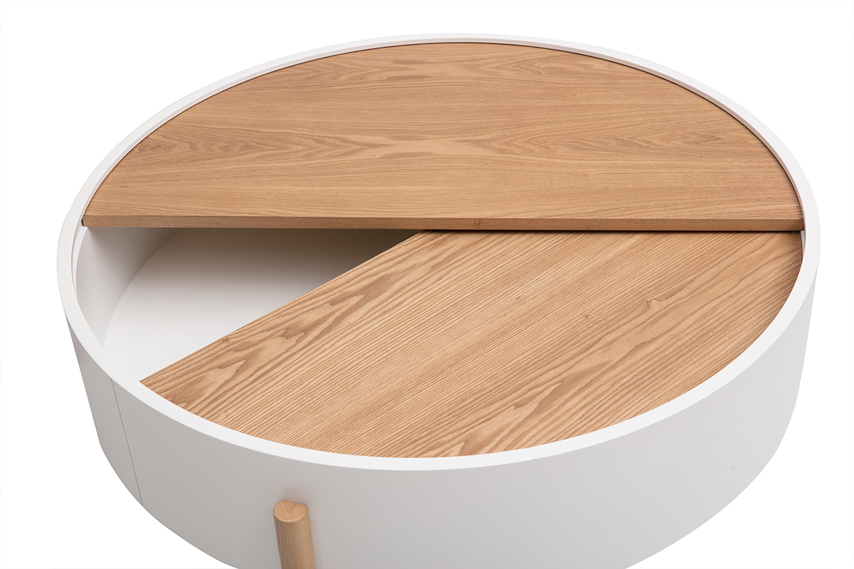 Table basse ronde blanche avec plateau pivotant en bois, vue du dessus.