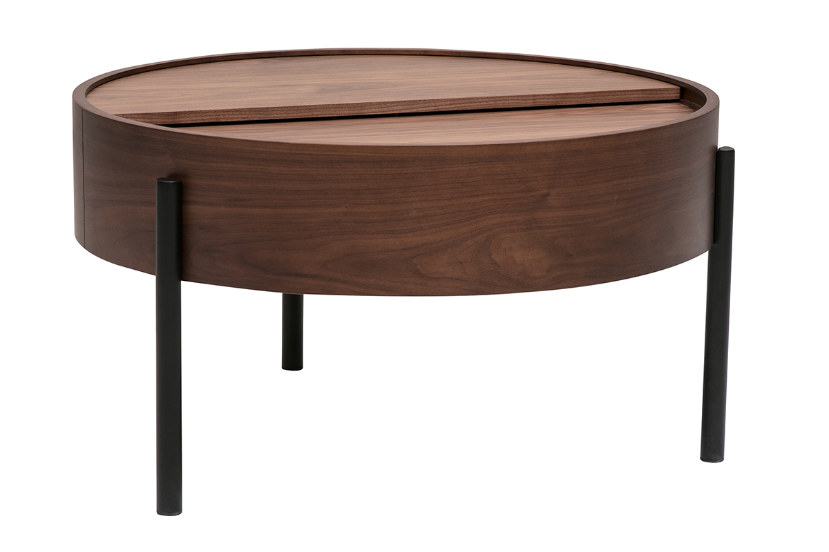 Table basse ronde en bois fonc� noyer avec plateau pivotant et pieds en m�tal noir, vue de 3/4.