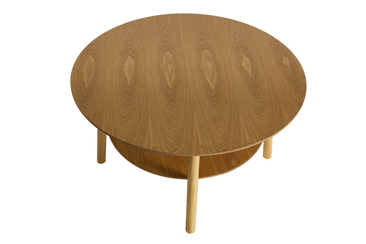 Table basse ronde en bois clair avec double plateau, vue de dessus.