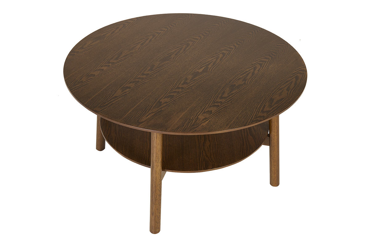 Table basse ronde en bois fonc� � double plateau vue de dessus.
