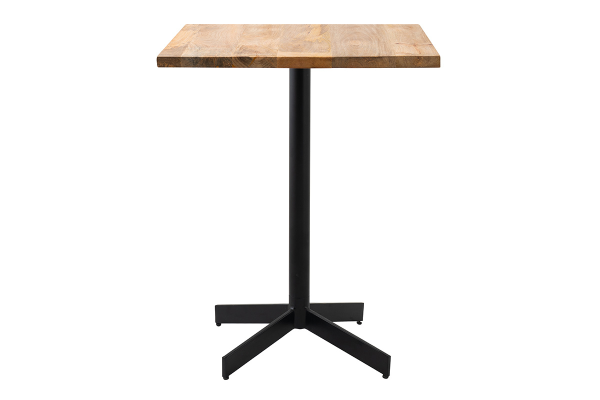 Table bistrot carr�e en bois massif avec pi�tement en m�tal noir, vue de 3/4