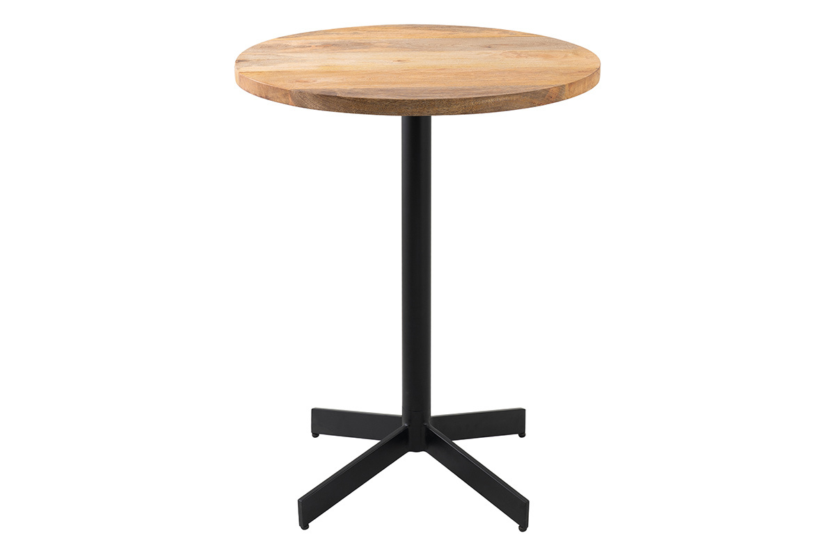 Table bistrot ronde en bois massif et m�tal noir, D60 cm, vue de face.