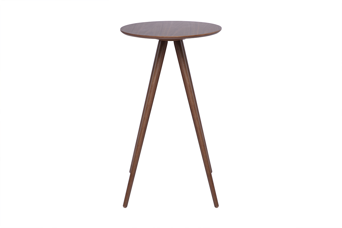 Table de bar ronde en bois fonc� noyer, vue de face, diam�tre de 60 cm, hauteur de 104 cm.