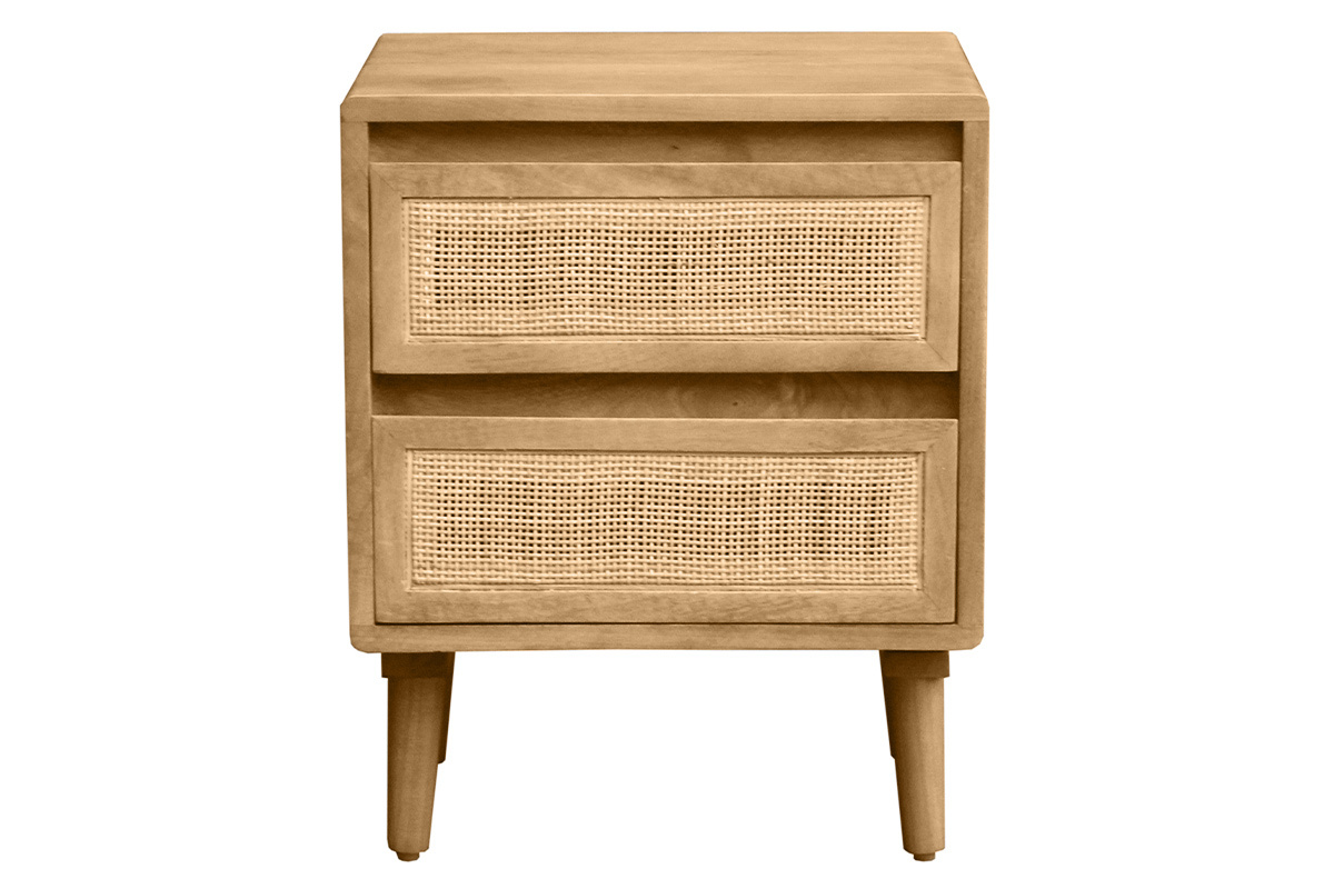 Table de chevet en bois manguier massif et cannage rotin avec rangements 2 tiroirs ACANGE