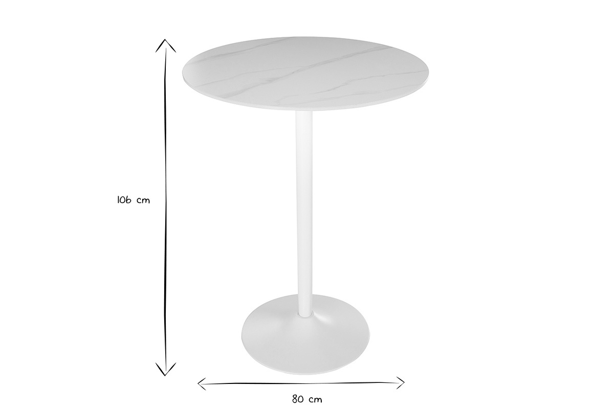 Table ronde en c�ramique blanche et m�tal, dimensions D80 cm, H106 cm, noir et blanc.