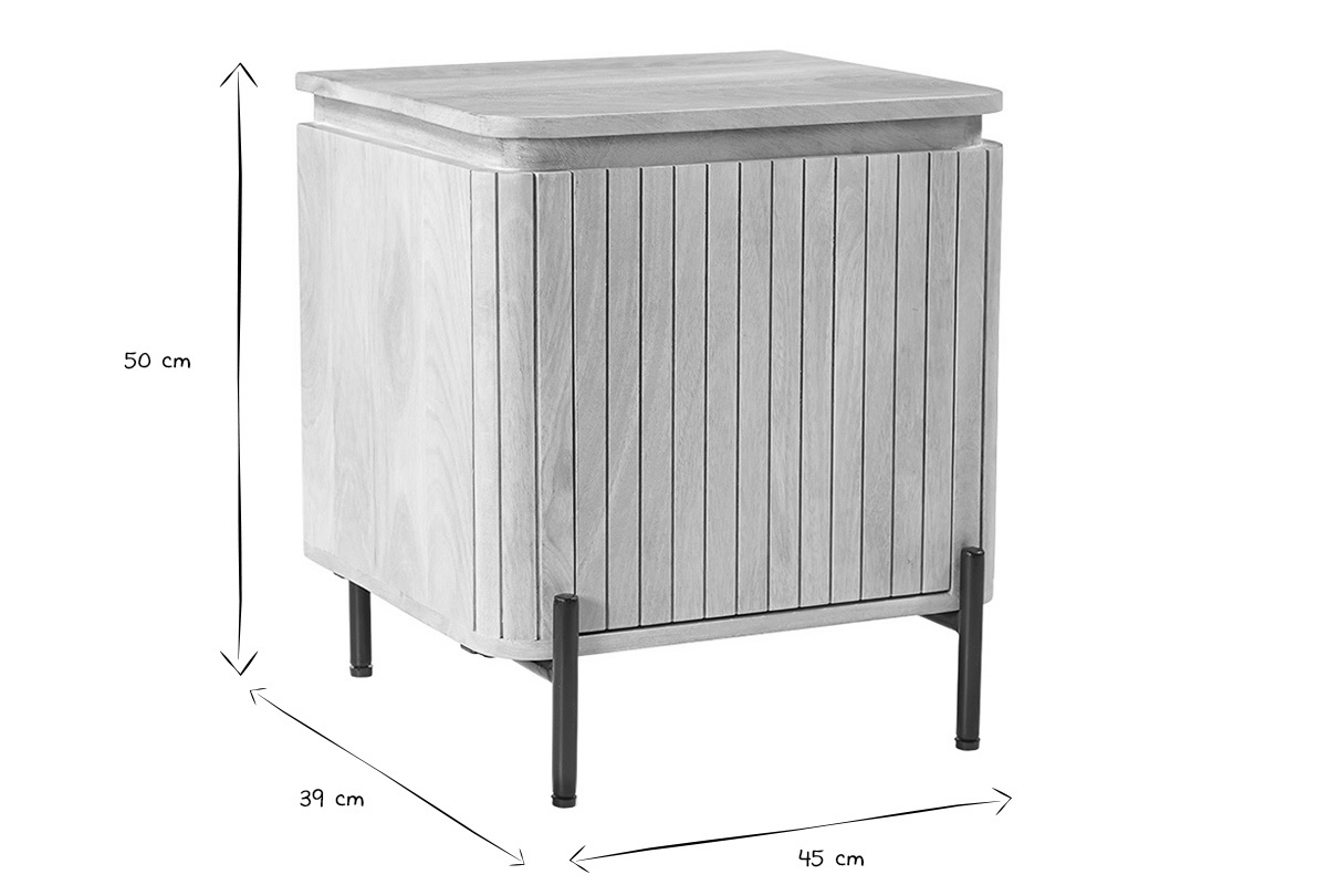 Dimensions des tables de chevet MERIDA : L45 x P39 x H50 cm en noir et blanc.