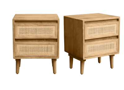 Tables de chevet en bois manguier massif et cannage rotin avec rangements 2 tiroirs (lot de 2) ACANGE