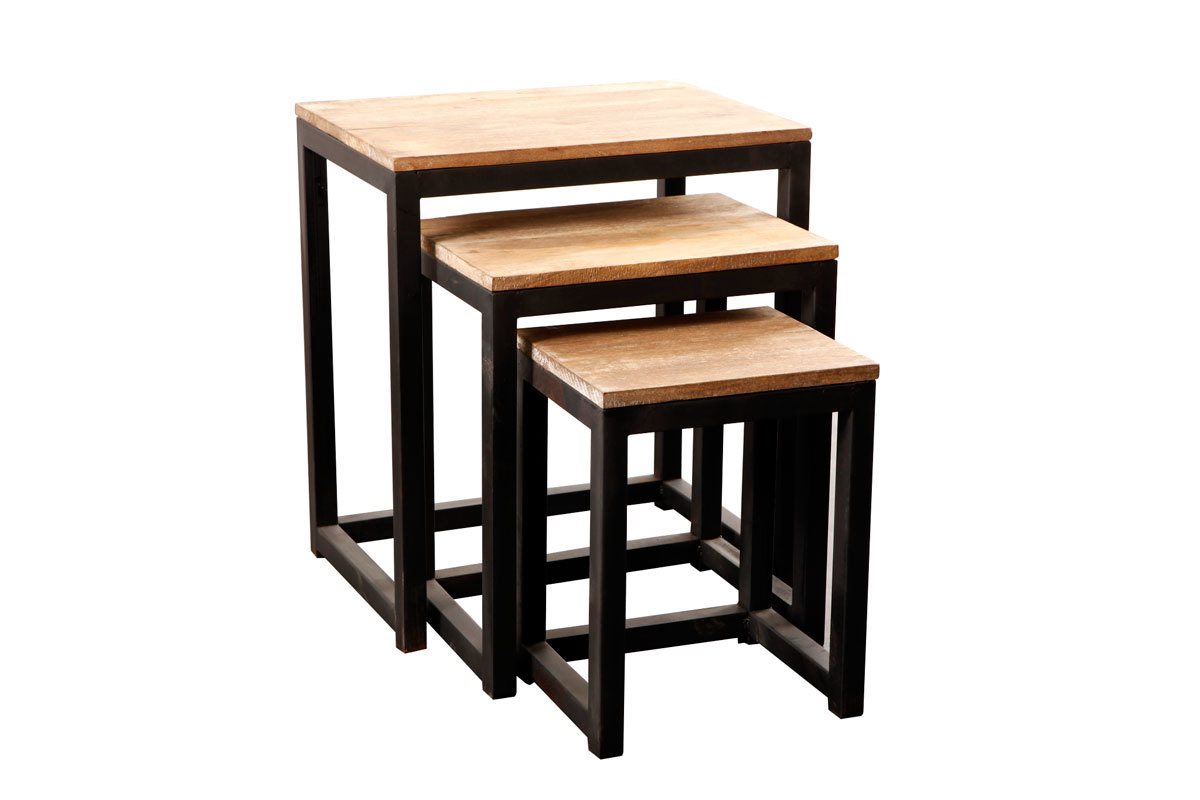 Tables gigognes industrielles m�tal et orme massif (lot de 3) FACTORY