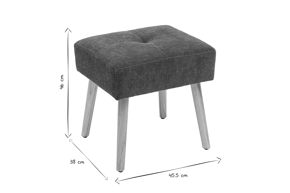 Tabouret en tissu noir et blanc avec dimensions L45.5 x P38 x H46 cm.
