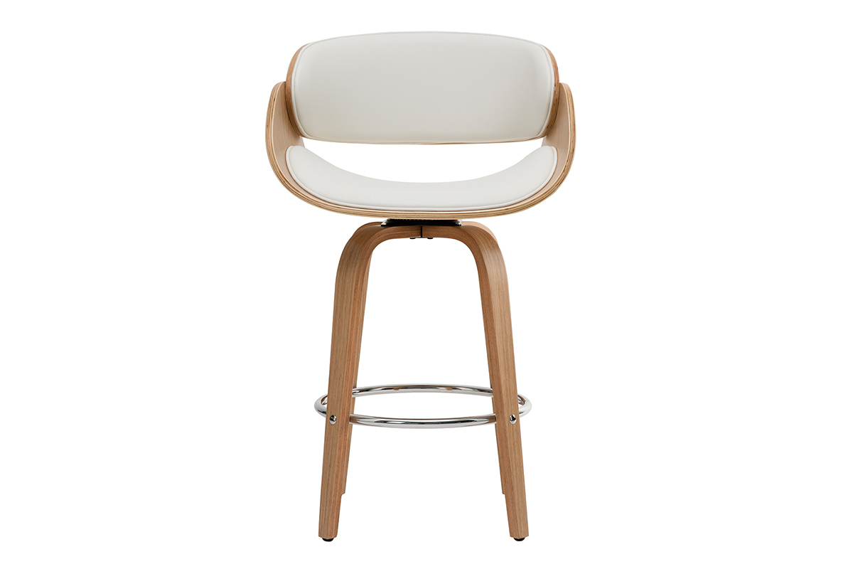 Tabouret de bar blanc et bois clair 65 cm, vue de face, pieds en bois et repose-pied en m�tal chrom�.