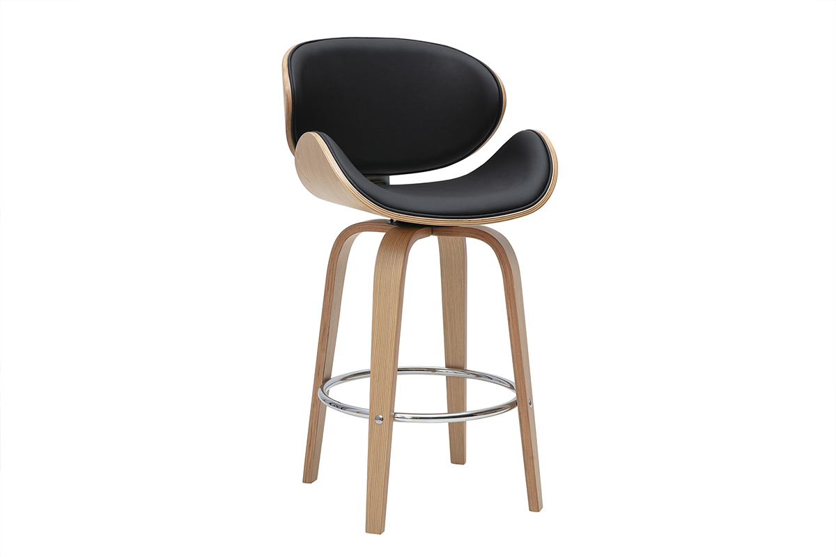 Tabouret de bar pivotant noir et bois clair 65 cm WALNUT