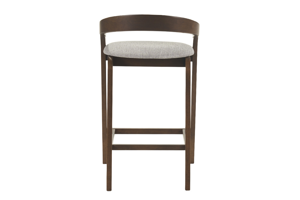 Tabouret de bar en bois fonc� avec assise en tissu gris, vue de dos.