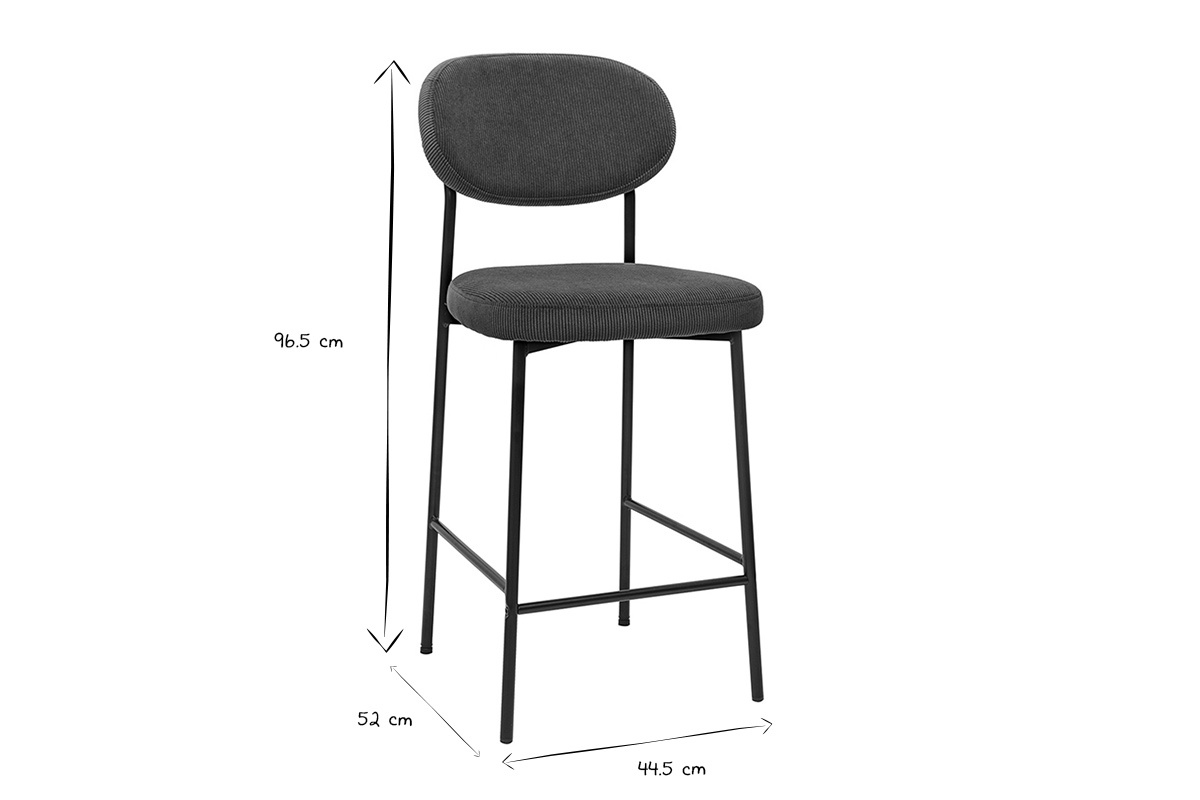 Tabouret de bar noir et blanc avec dimensions 96,5 cm de hauteur, 52 cm de profondeur, 44,5 cm de largeur.