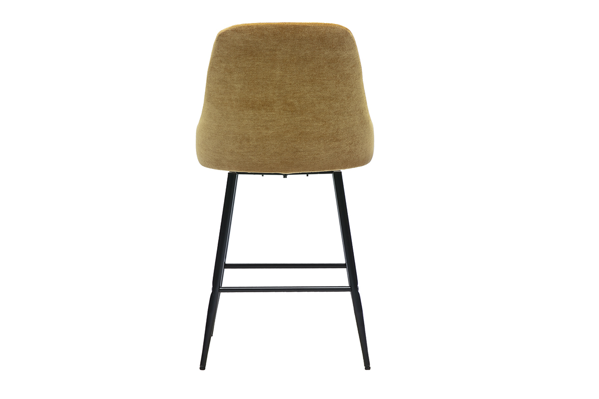 Tabouret de bar pivotant en tissu effet velours jaune curry, vue de dos, sur pieds en m�tal noir.