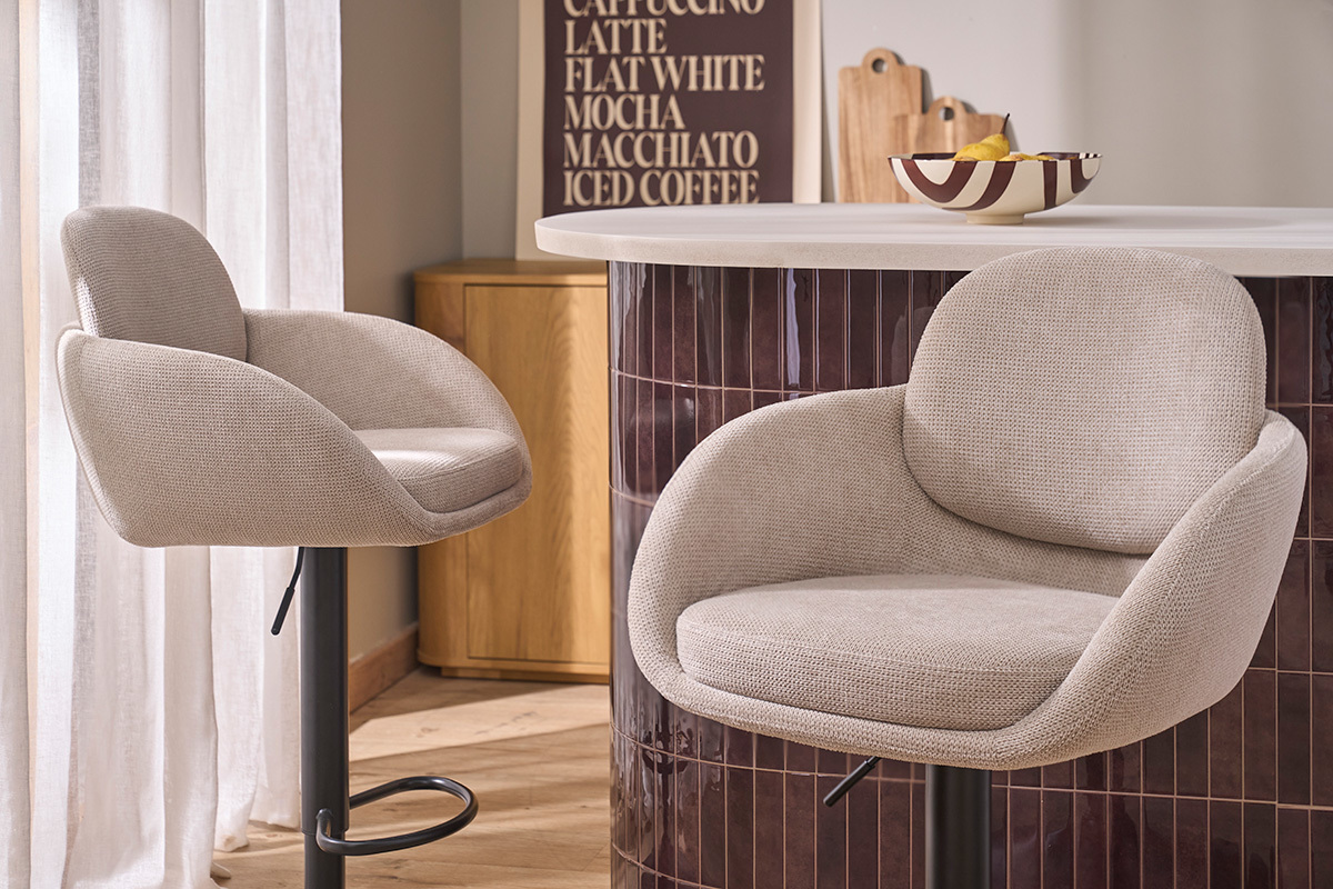 Tabourets de bar r�glable pivotants 360� en tissu chenille beige et m�tal noir (lot de 2) SLAKE