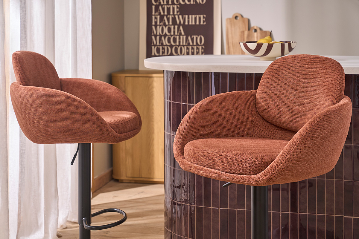 Tabourets de bar r�glable pivotants 360� en tissu chenille terre br�l�e et m�tal noir (lot de 2) SLAKE