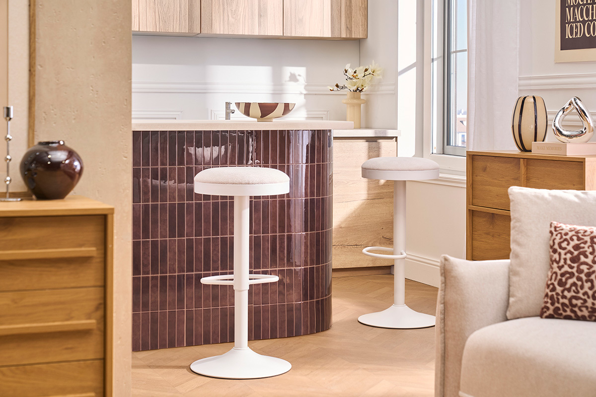 Tabourets de bar r�glables en tissu chenille �cru et m�tal (lot de 2) THOR