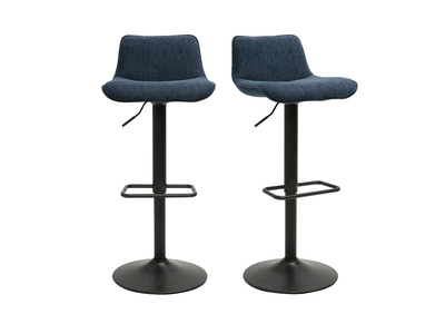 Tabourets de bar r&eacute;glables pivotants 360&deg; en tissu effet velours textur&eacute; bleu fonc&eacute; et m&eacute;tal noir (lot de 2) BOOST