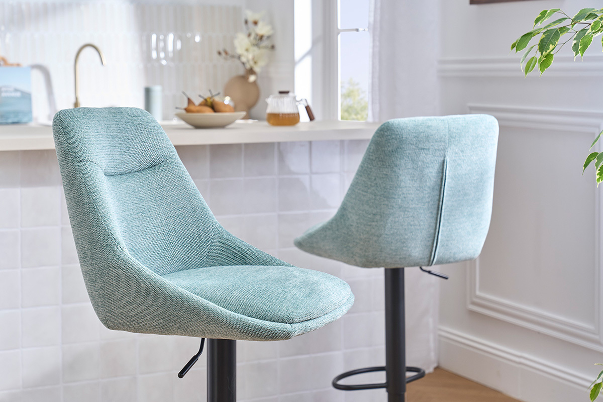 Tabourets de bar r�glables pivotants 360� en tissu effet velours textur� vert c�ladon et m�tal (lot de 2) ALESS