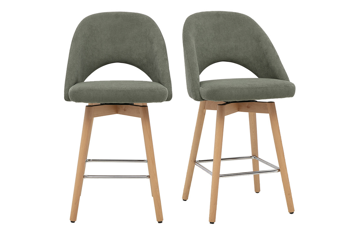 Tabourets de bar en tissu vert kaki et h�v�a, lot de 2, vue de face.