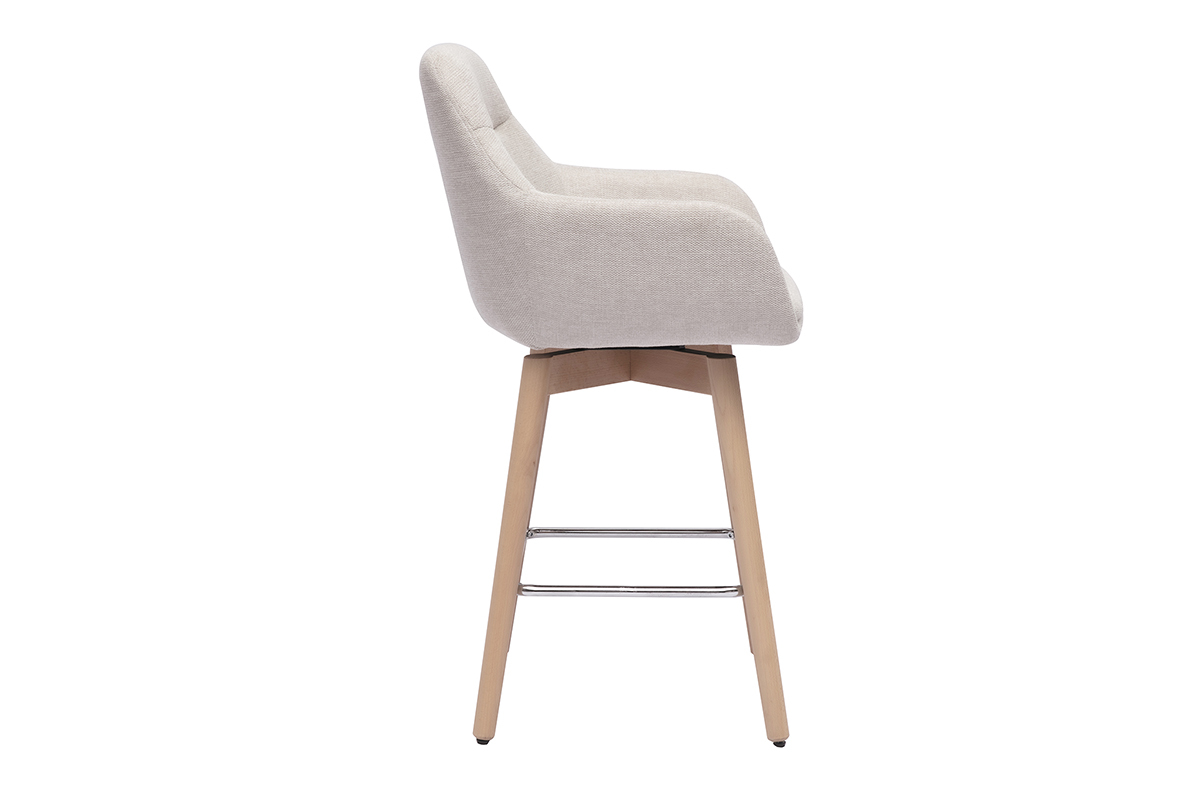 Tabouret de bar scandinave beige en profil avec pied en bois clair.