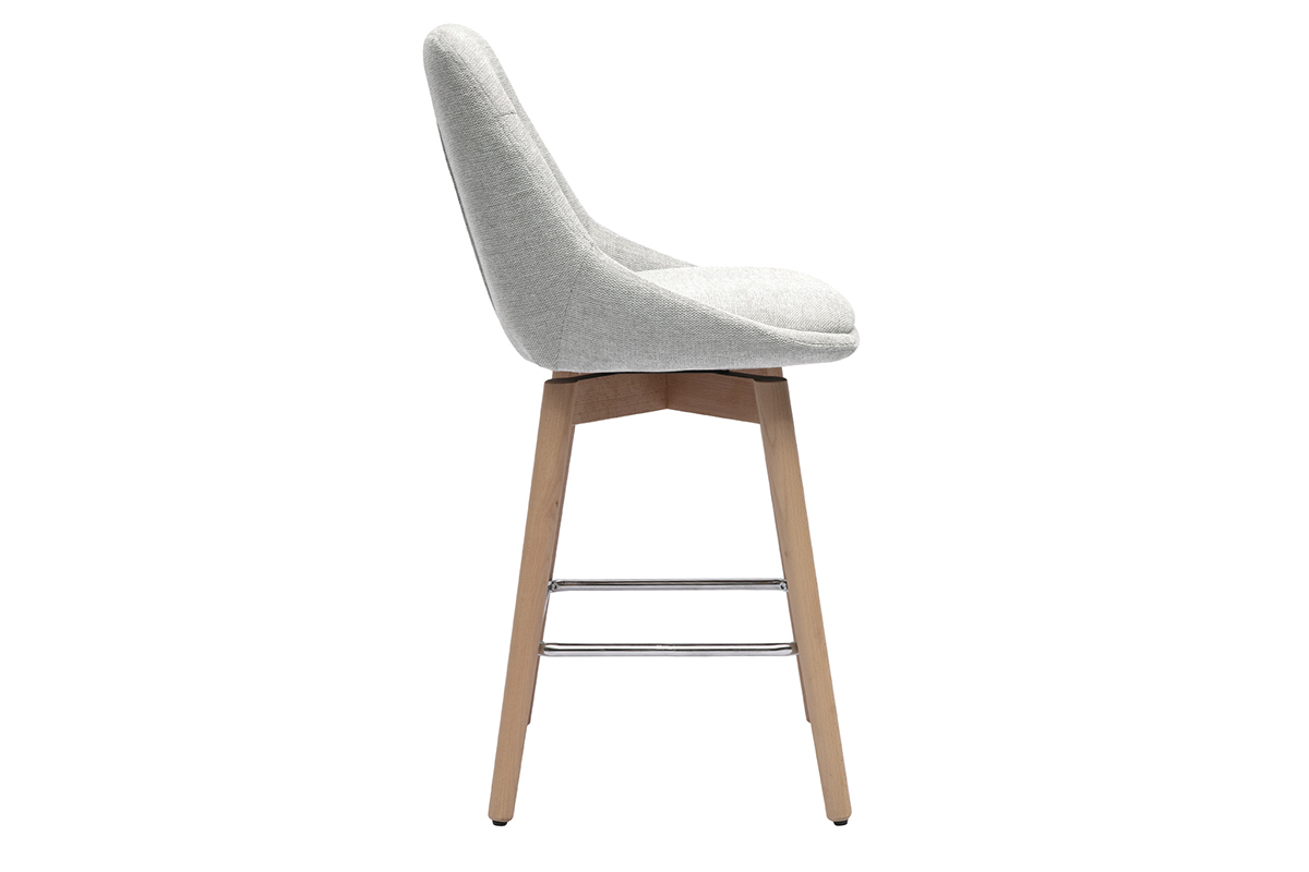 Tabouret de bar scandinave gris, vue de profil, structure bois clair.