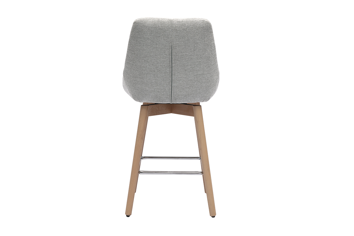 Tabouret de bar en tissu gris vu de dos avec pieds en bois clair.